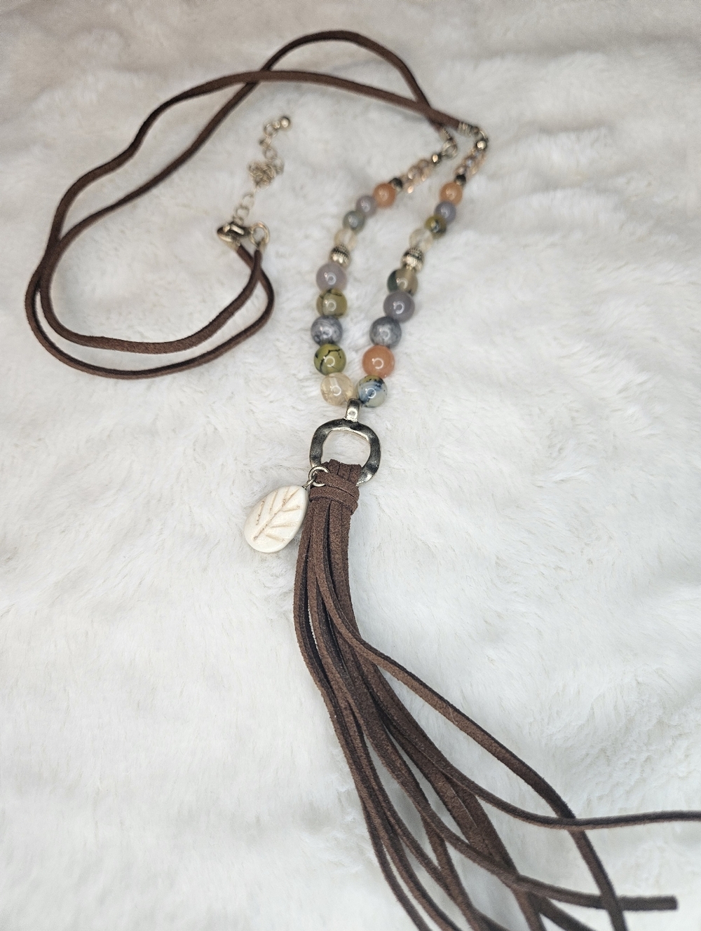 Brown Suede Tassel Necklace with Multicolor Beads